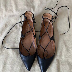 AQUAZZURA Gabi lace-up black leather point-toe flats